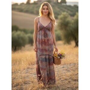 Upcycled Tie Dyed Floral Boho Hippie Maxi Dress - Gypsy Cottagecore Coastal Lg